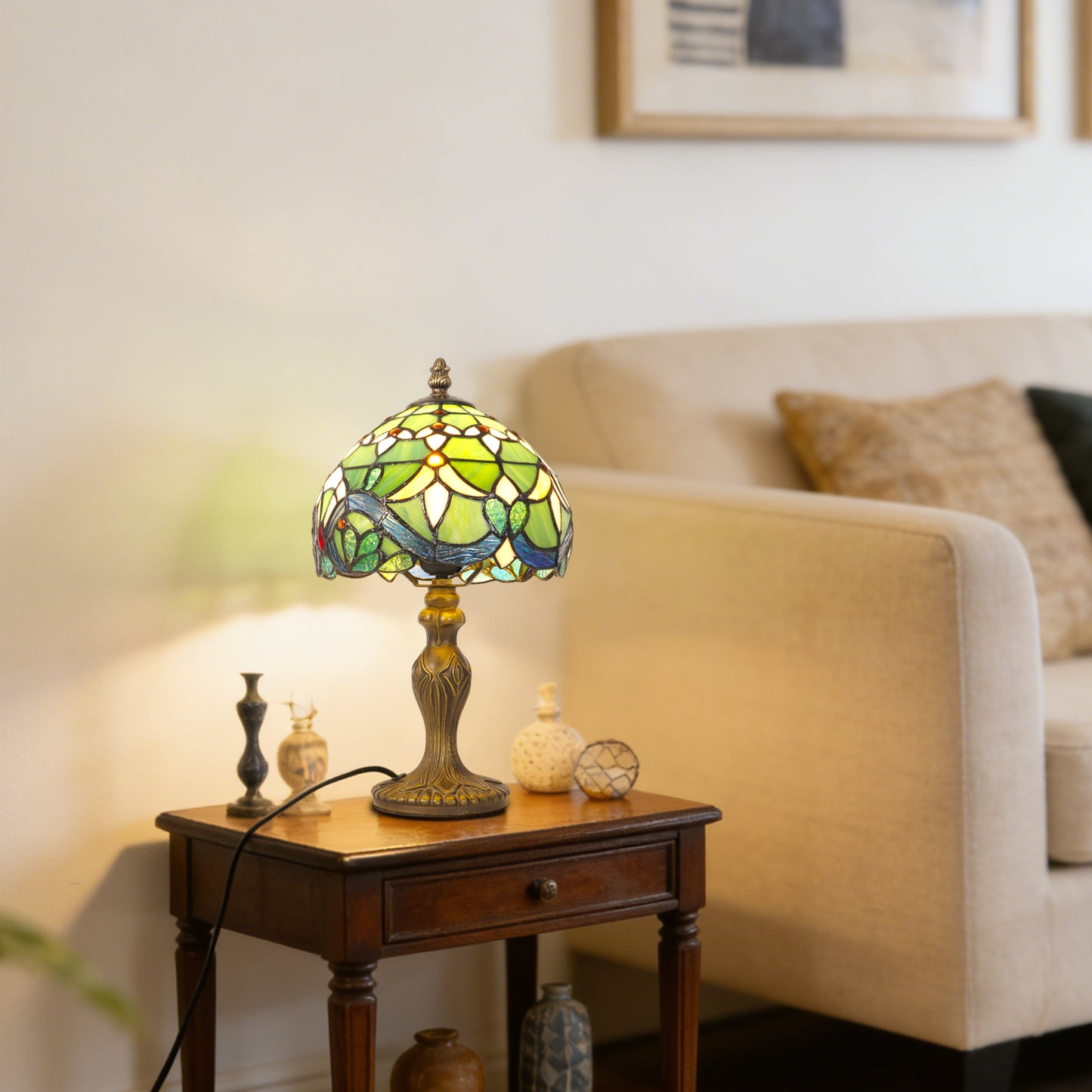 Vintage Tiffany Style Stained Glass Table Lamp - Floral Pattern Bedside Lamp with Bronze Base
