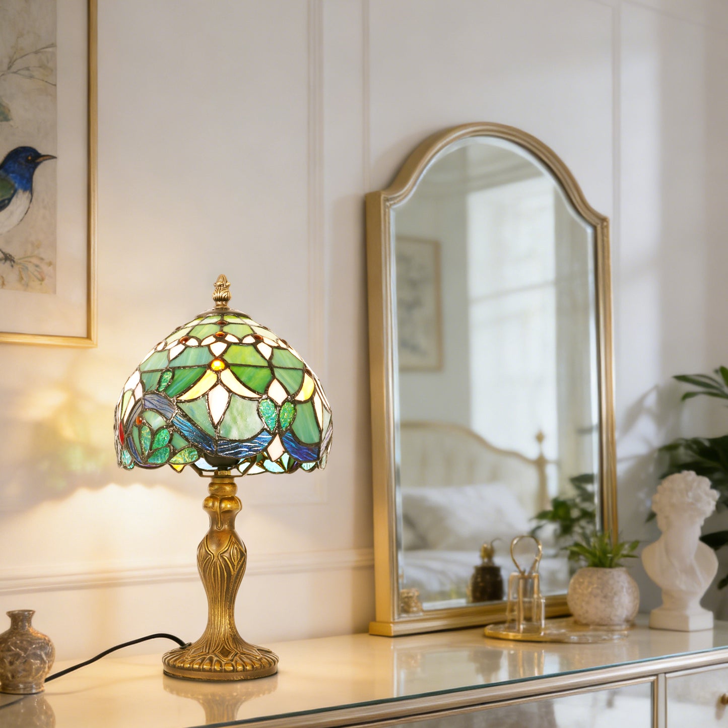 Vintage Tiffany Style Stained Glass Table Lamp - Floral Pattern Bedside Lamp with Bronze Base