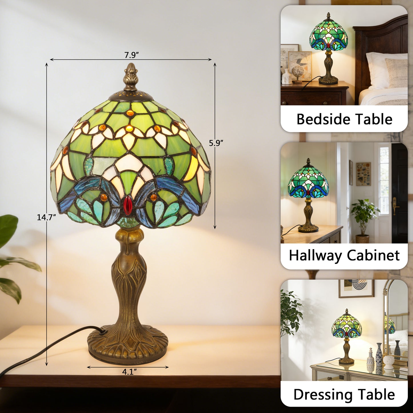 Vintage Tiffany Style Stained Glass Table Lamp - Floral Pattern Bedside Lamp with Bronze Base