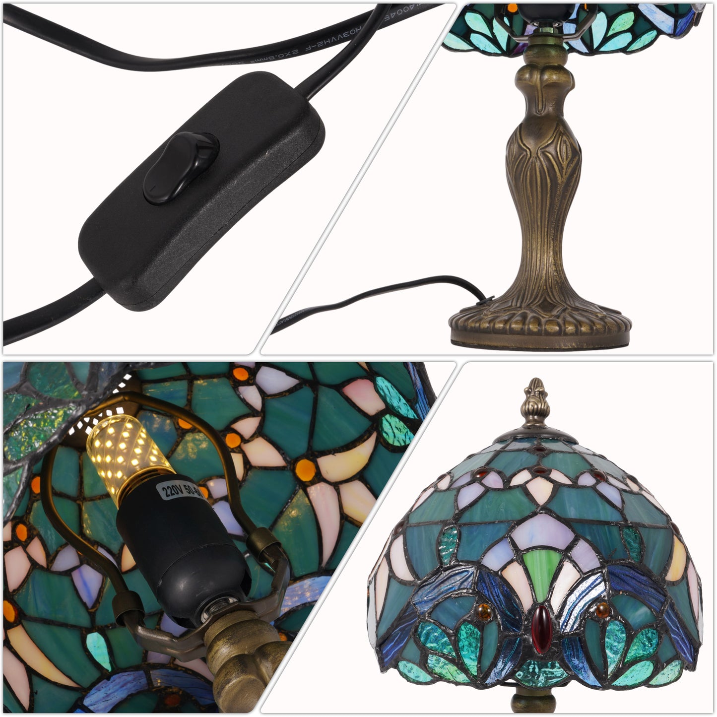 Vintage Tiffany Style Stained Glass Table Lamp - Floral Pattern Bedside Lamp with Bronze Base