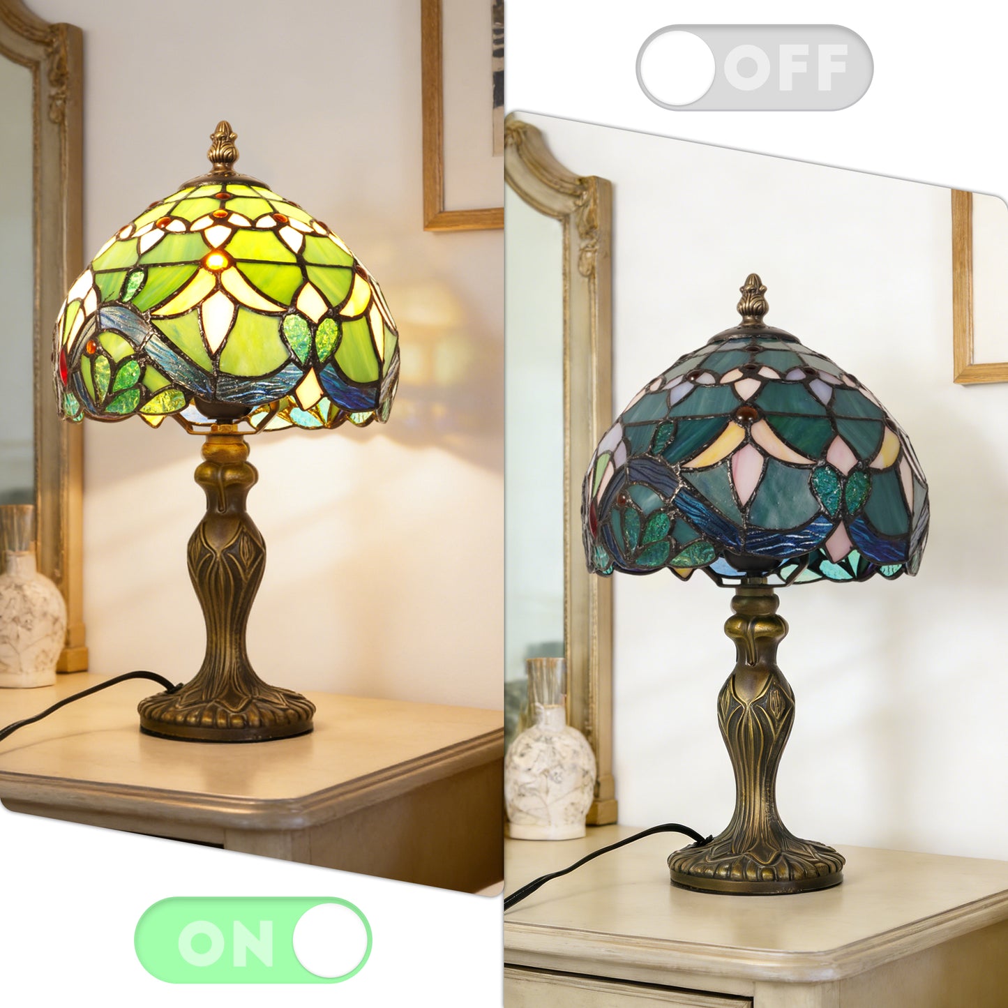 Vintage Tiffany Style Stained Glass Table Lamp - Floral Pattern Bedside Lamp with Bronze Base