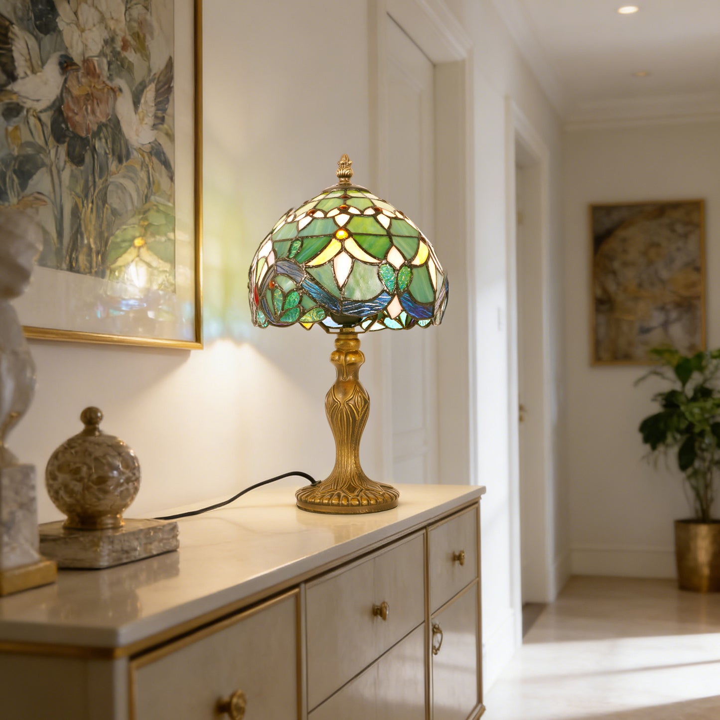 Vintage Tiffany Style Stained Glass Table Lamp - Floral Pattern Bedside Lamp with Bronze Base