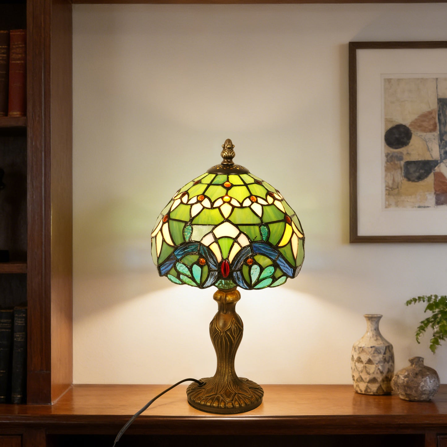 Vintage Tiffany Style Stained Glass Table Lamp - Floral Pattern Bedside Lamp with Bronze Base
