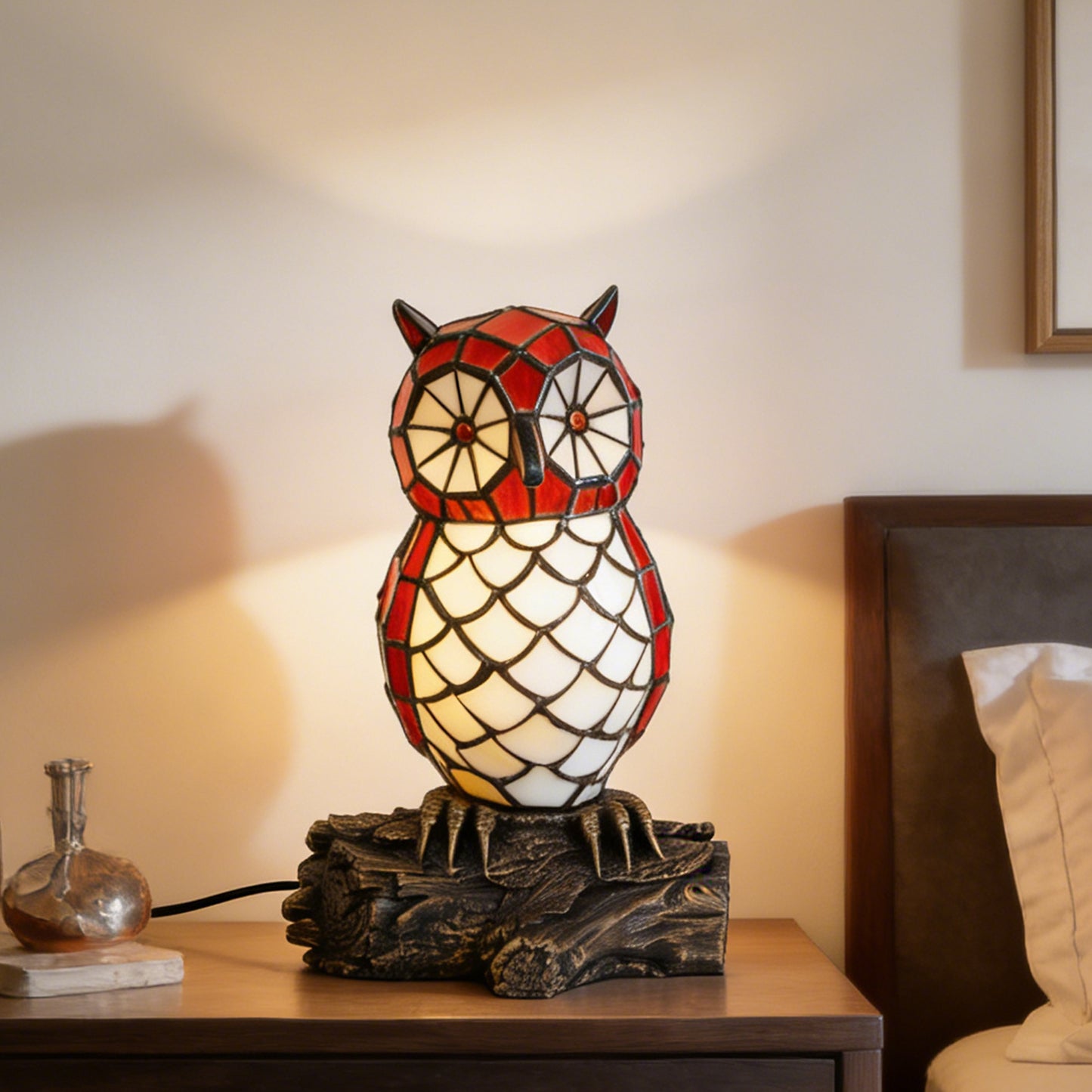 Vintage Stained Glass Owl Table Lamp - Tiffany Style Bedside Accent Lamp