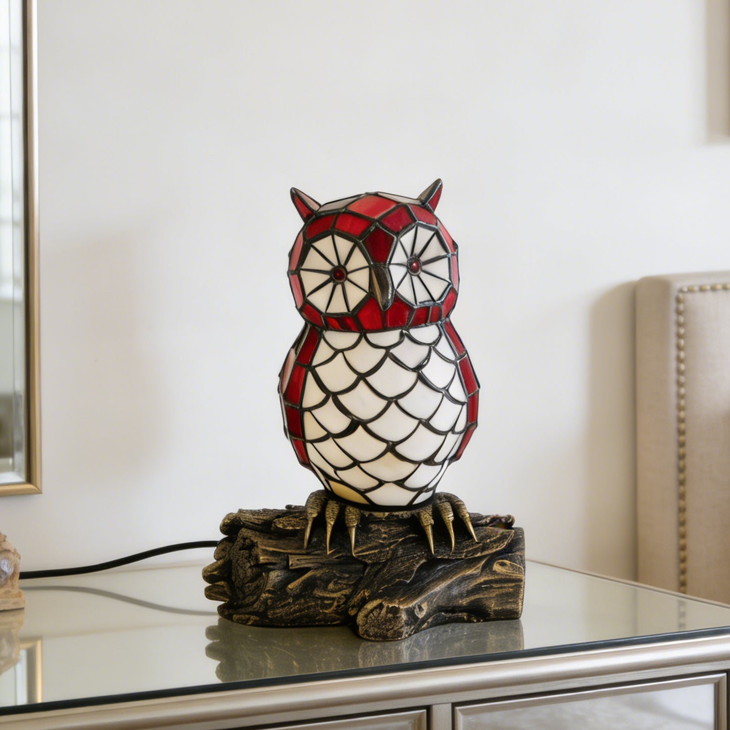 Vintage Stained Glass Owl Table Lamp - Tiffany Style Bedside Accent Lamp