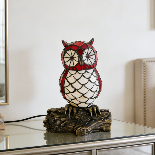 Vintage Stained Glass Owl Table Lamp - Tiffany Style Bedside Accent Lamp