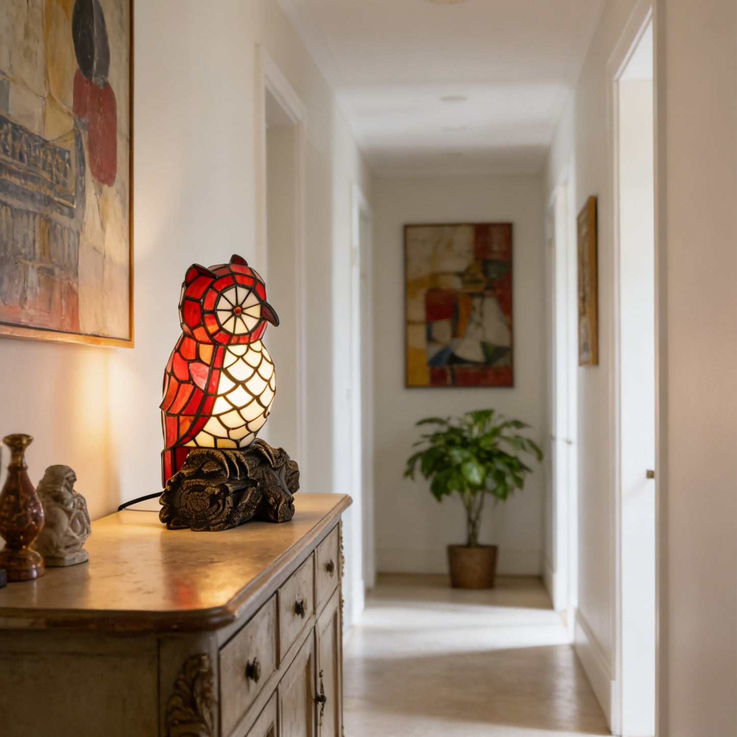 Vintage Stained Glass Owl Table Lamp - Tiffany Style Bedside Accent Lamp