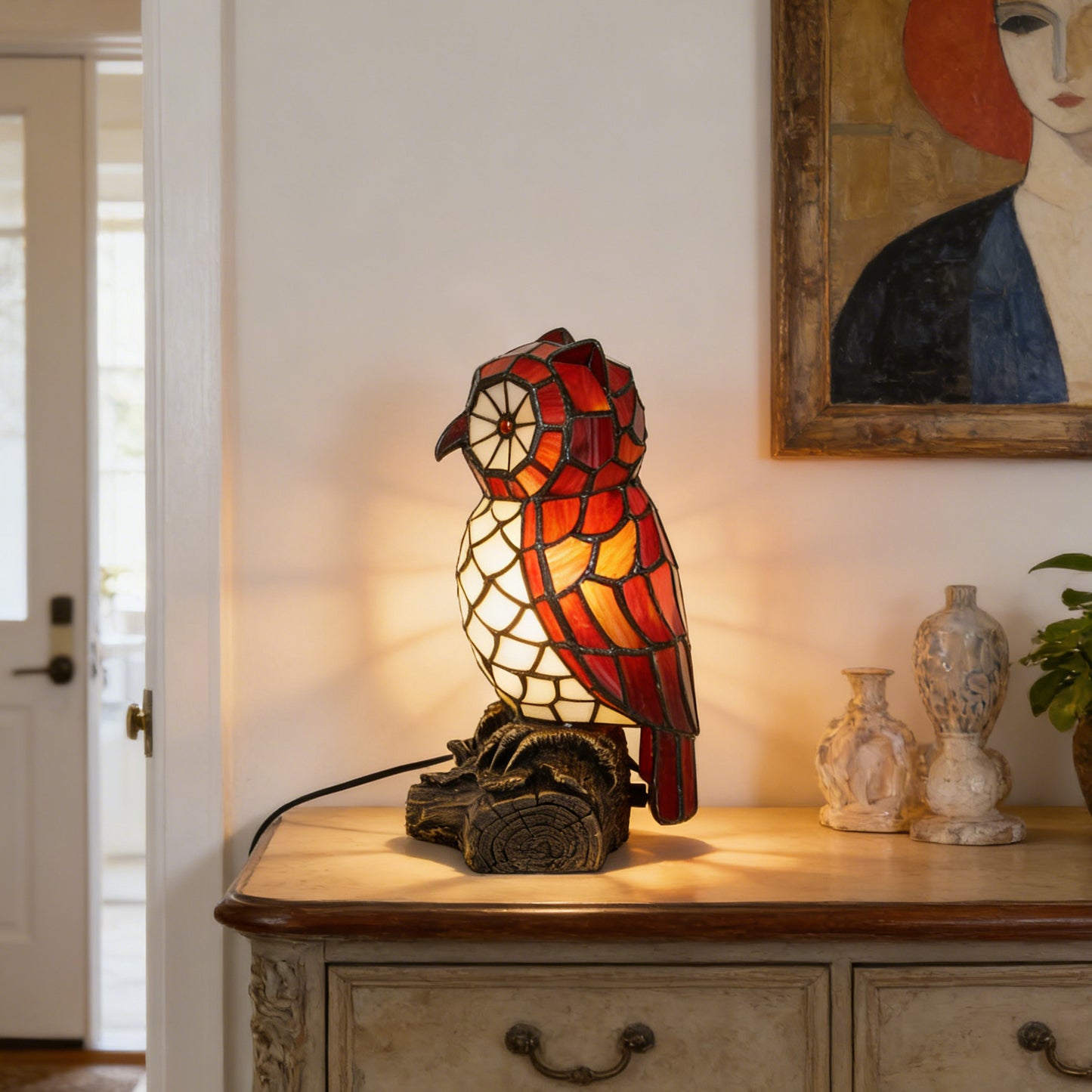 Vintage Stained Glass Owl Table Lamp - Tiffany Style Bedside Accent Lamp