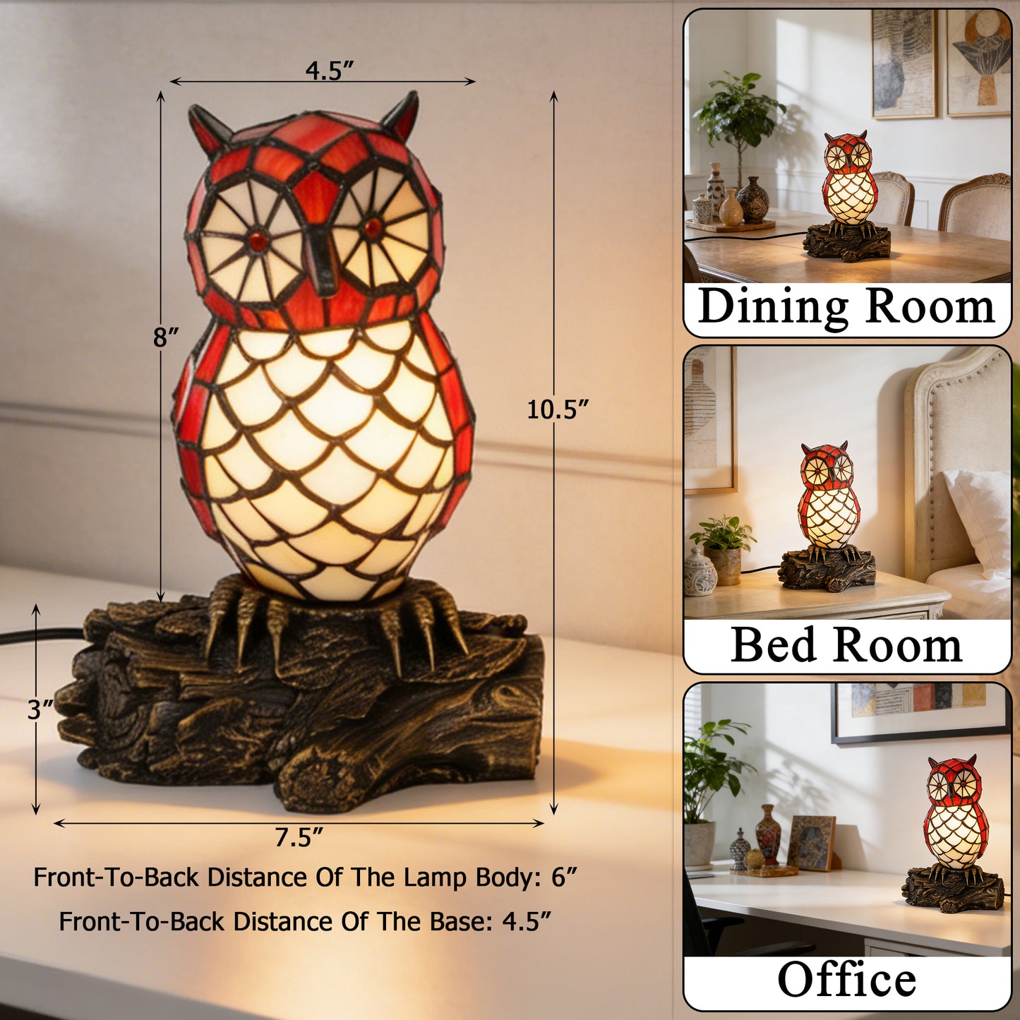 Vintage Stained Glass Owl Table Lamp - Tiffany Style Bedside Accent Lamp