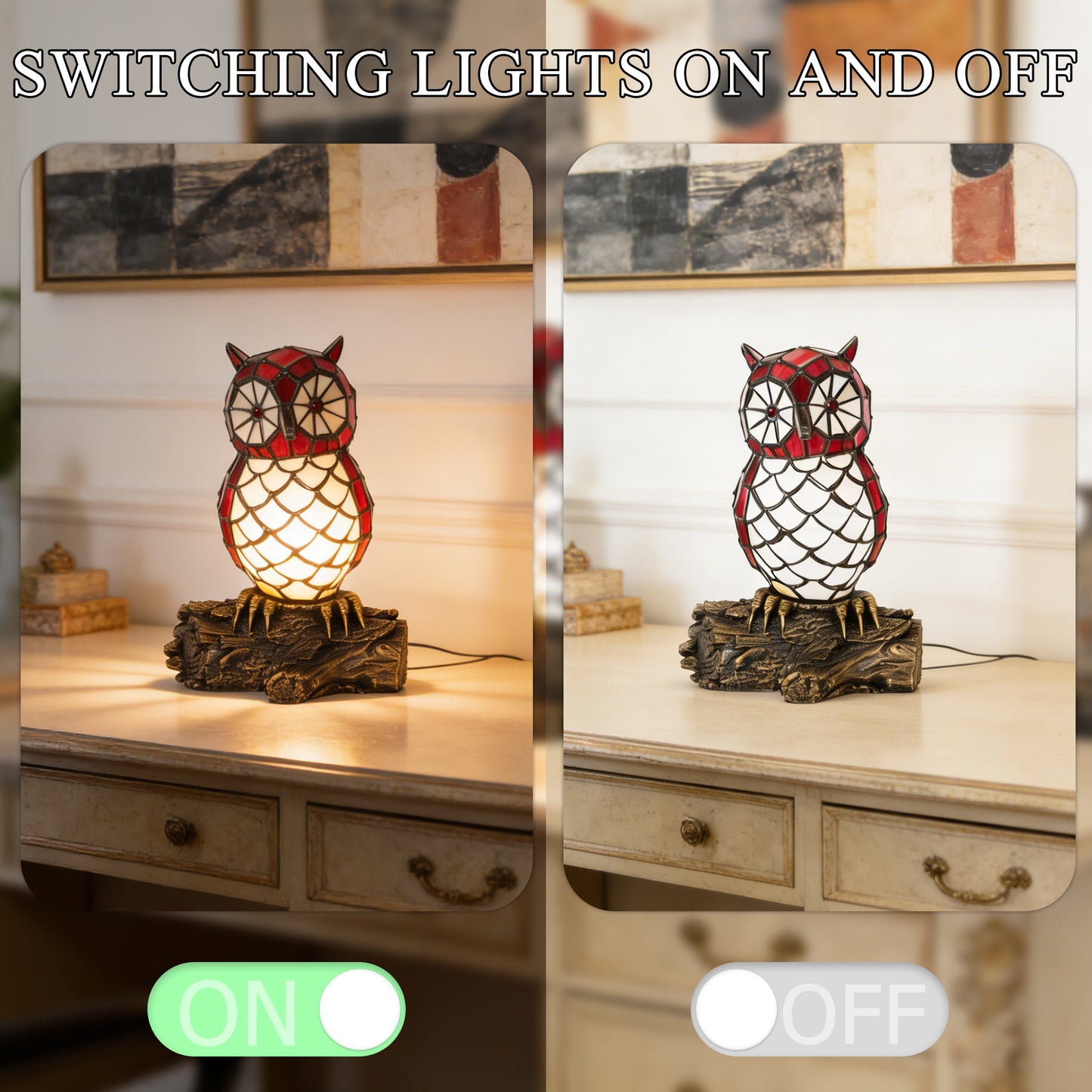 Vintage Stained Glass Owl Table Lamp - Tiffany Style Bedside Accent Lamp