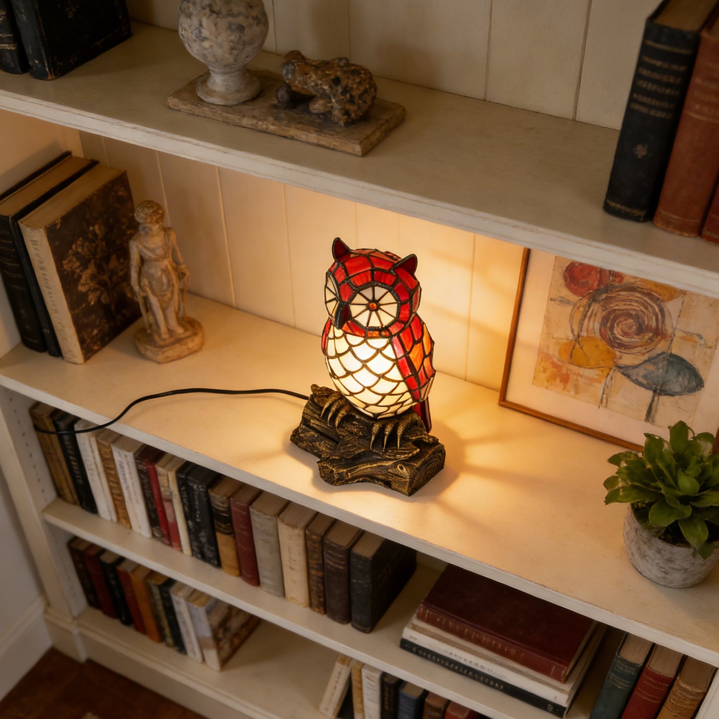 Vintage Stained Glass Owl Table Lamp - Tiffany Style Bedside Accent Lamp