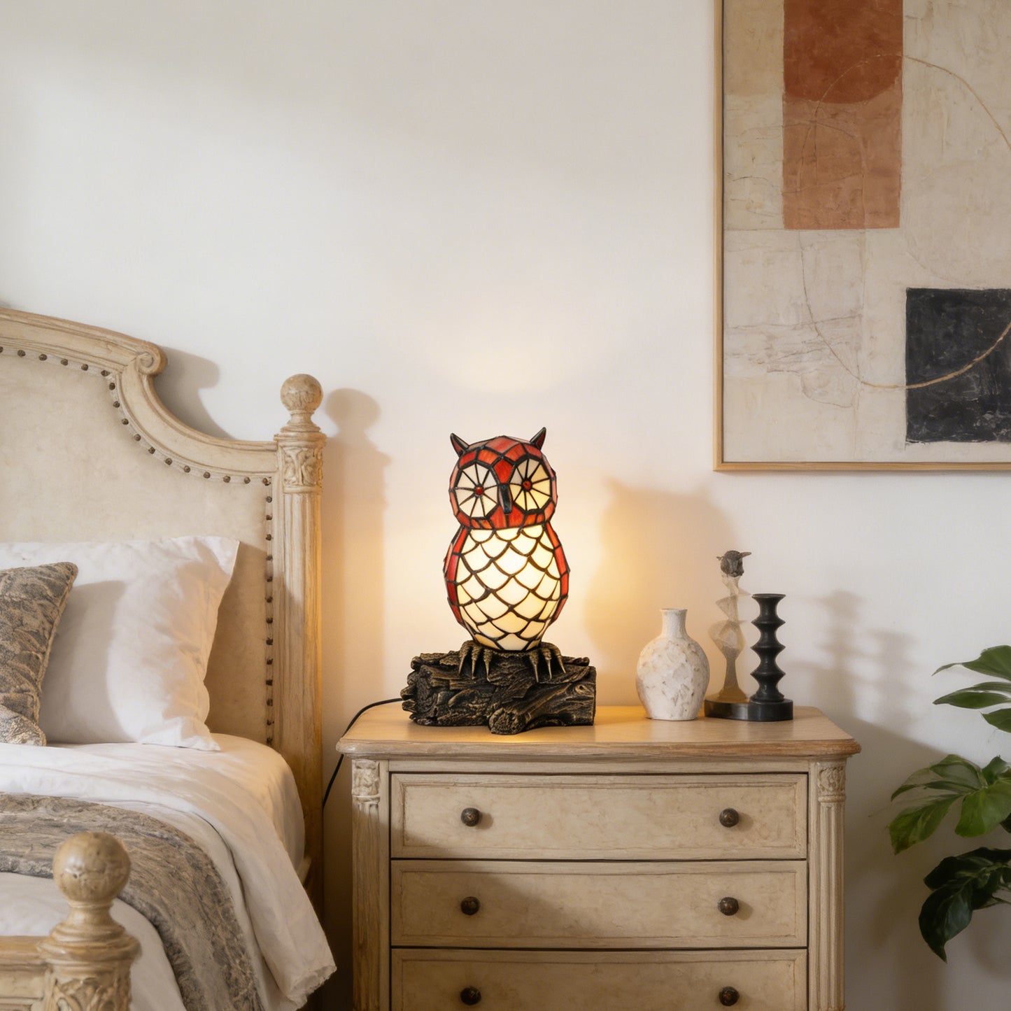 Vintage Stained Glass Owl Table Lamp - Tiffany Style Bedside Accent Lamp