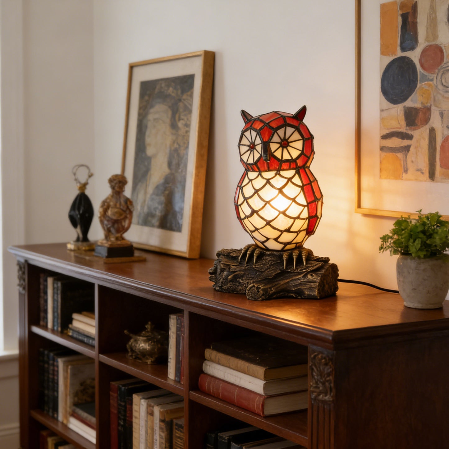 Vintage Stained Glass Owl Table Lamp - Tiffany Style Bedside Accent Lamp