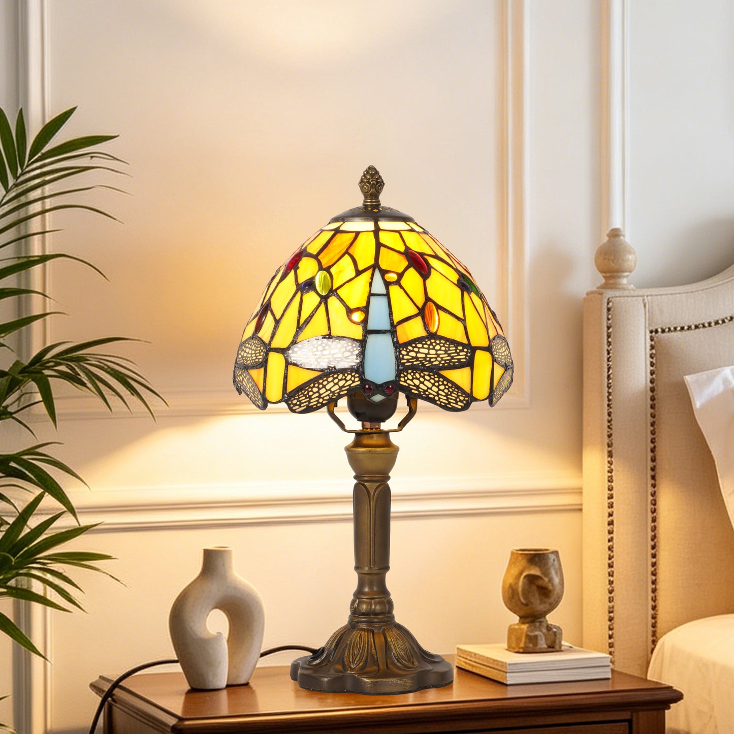 Dragonfly Tiffany Style Stained Glass Table Lamp | Yellow Vintage Bronze Base Desk Lamp with E26 Base