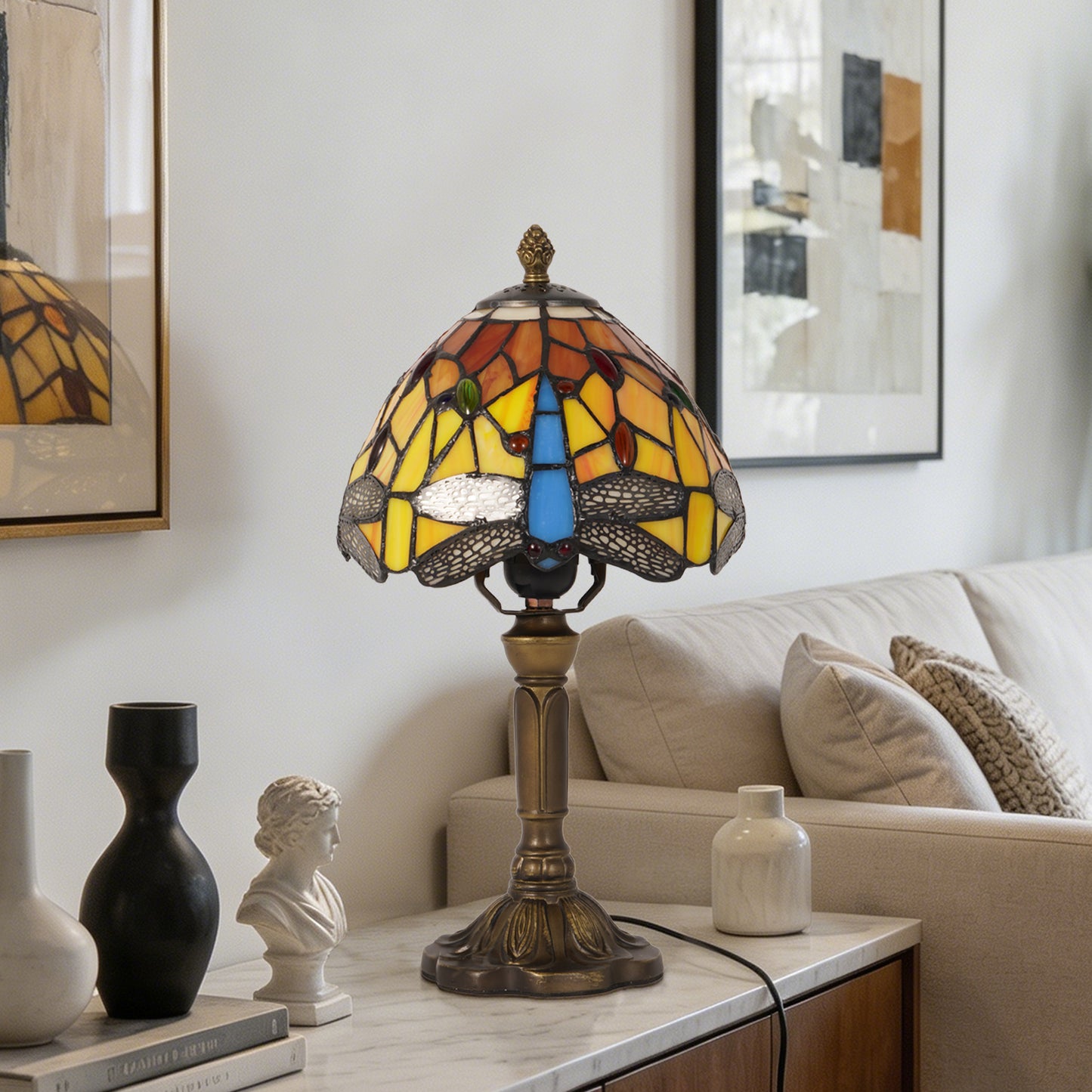 Dragonfly Tiffany Style Stained Glass Table Lamp | Yellow Vintage Bronze Base Desk Lamp with E26 Base