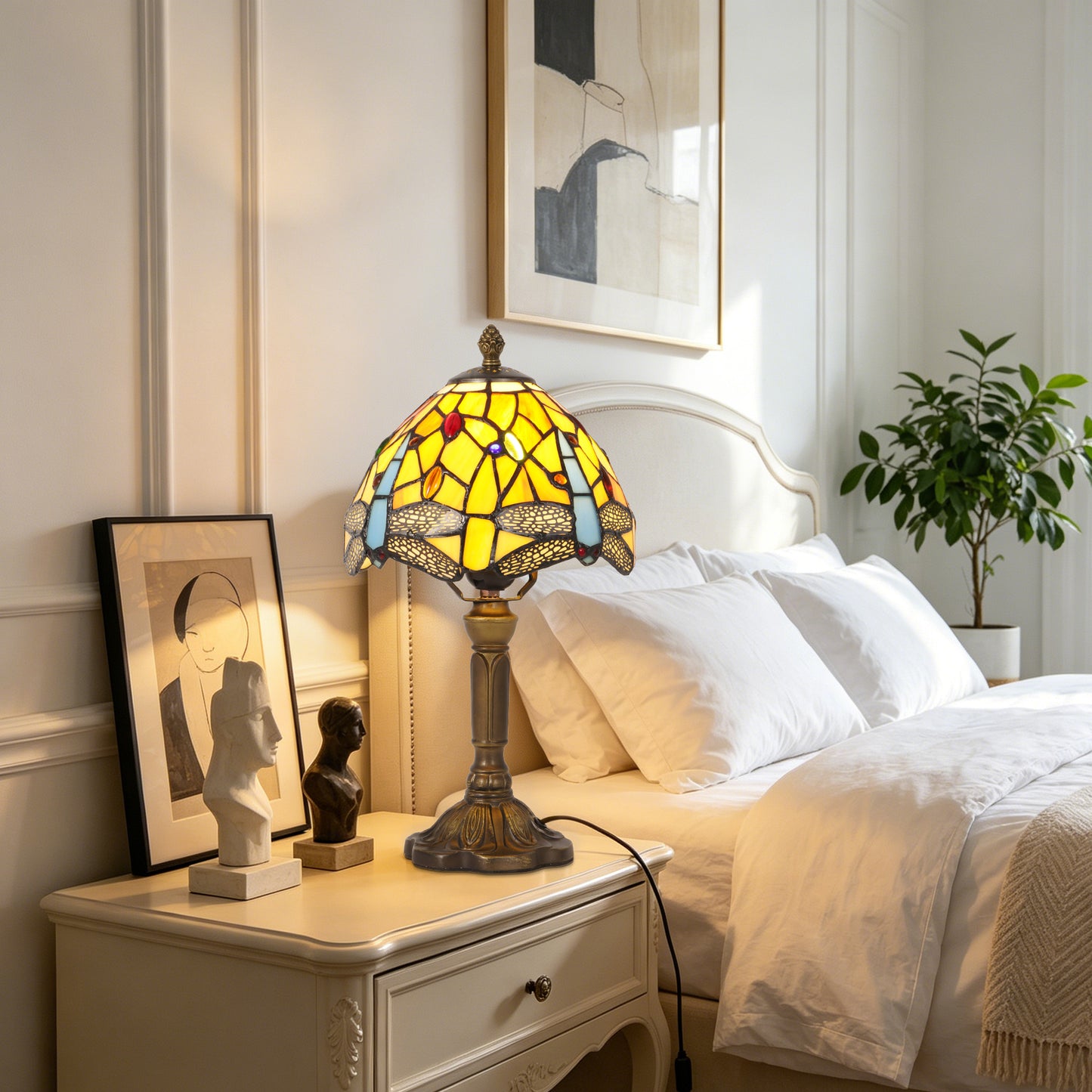 Dragonfly Tiffany Style Stained Glass Table Lamp | Yellow Vintage Bronze Base Desk Lamp with E26 Base