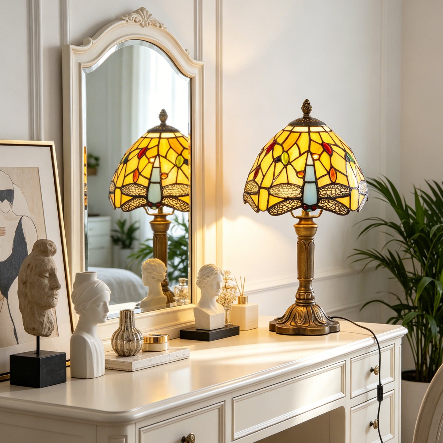 Dragonfly Tiffany Style Stained Glass Table Lamp | Yellow Vintage Bronze Base Desk Lamp with E26 Base
