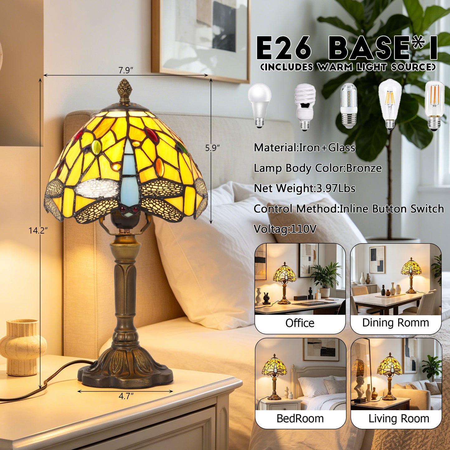 Dragonfly Tiffany Style Stained Glass Table Lamp | Yellow Vintage Bronze Base Desk Lamp with E26 Base