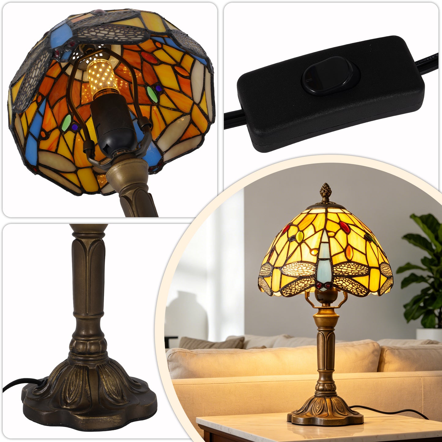 Dragonfly Tiffany Style Stained Glass Table Lamp | Yellow Vintage Bronze Base Desk Lamp with E26 Base