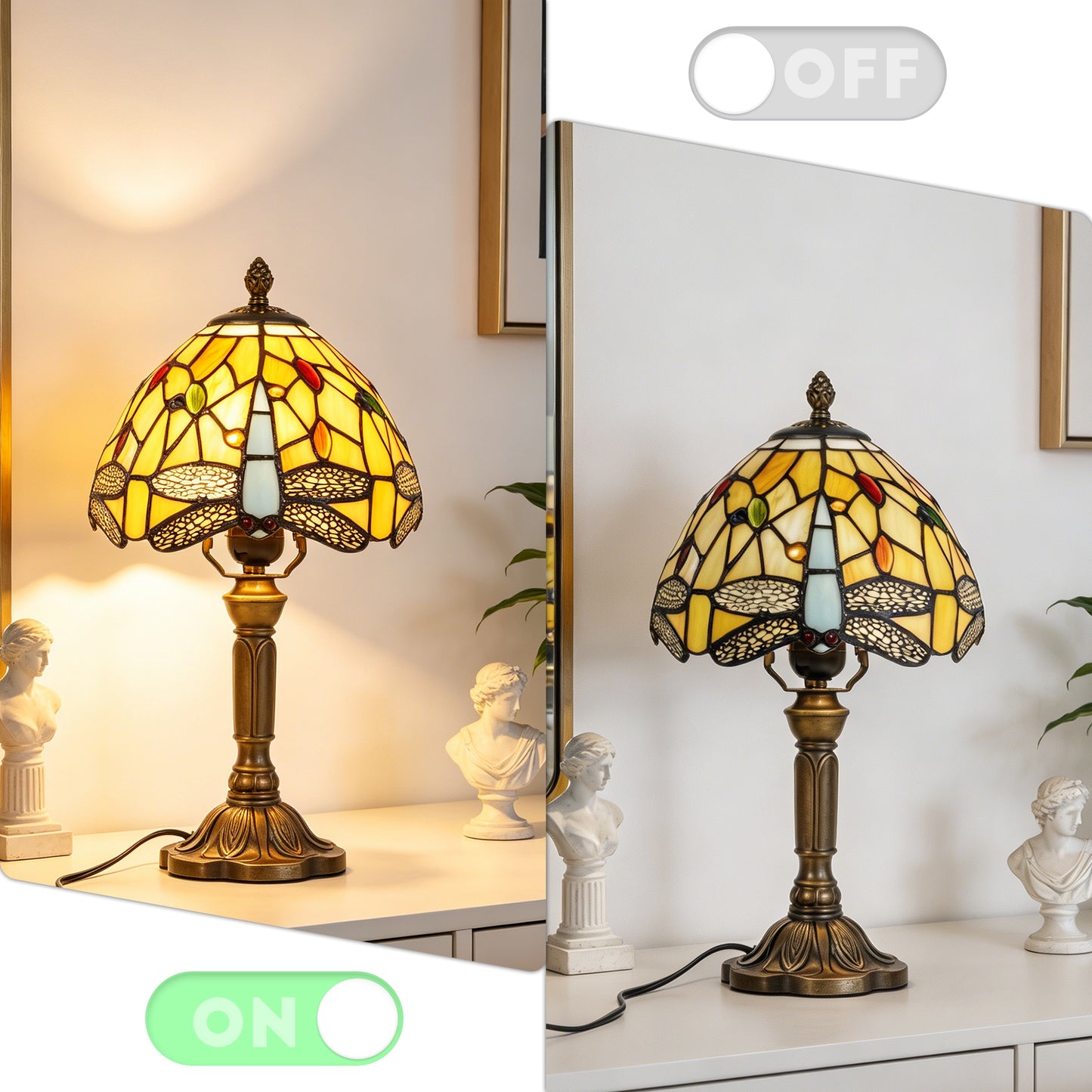 Dragonfly Tiffany Style Stained Glass Table Lamp | Yellow Vintage Bronze Base Desk Lamp with E26 Base