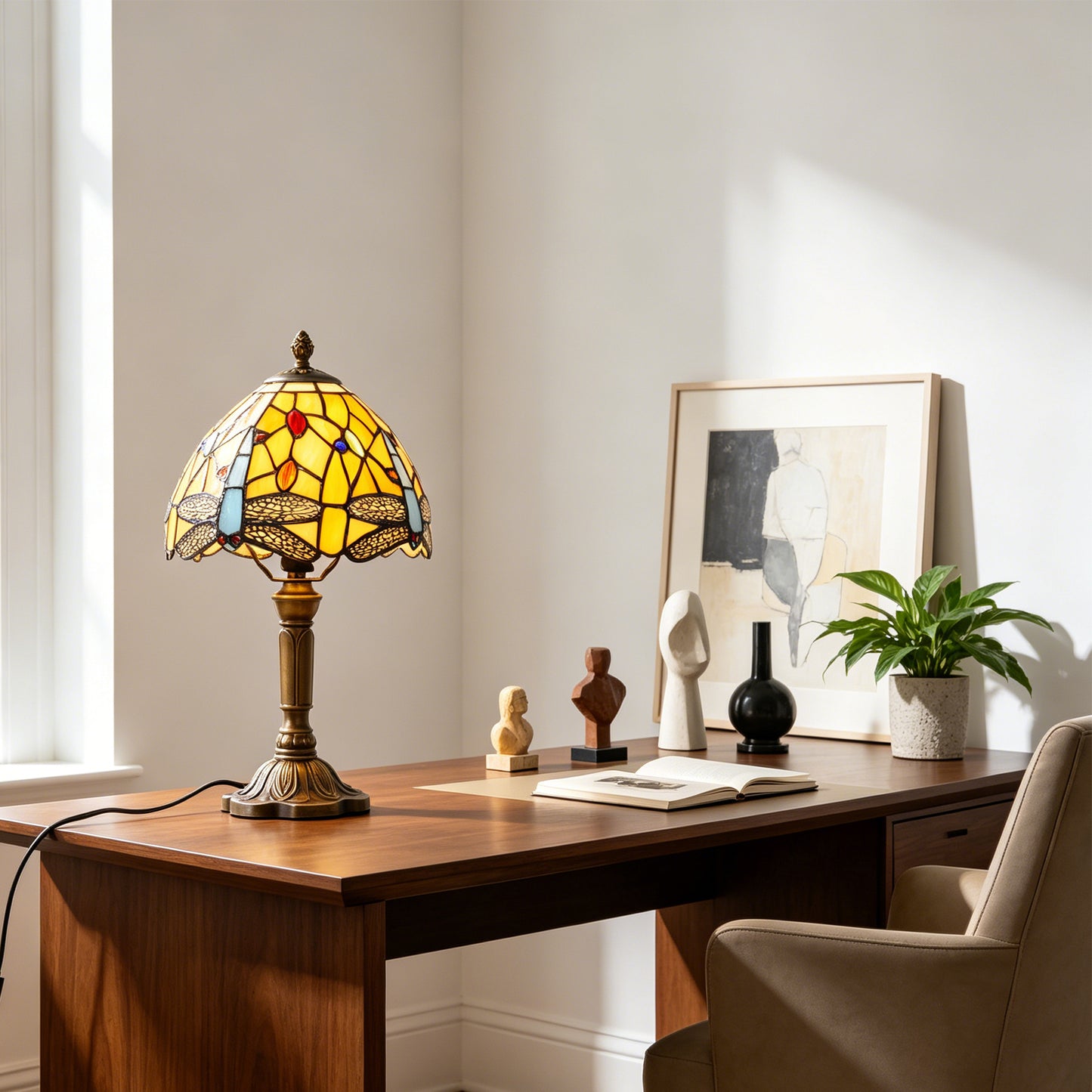 Dragonfly Tiffany Style Stained Glass Table Lamp | Yellow Vintage Bronze Base Desk Lamp with E26 Base