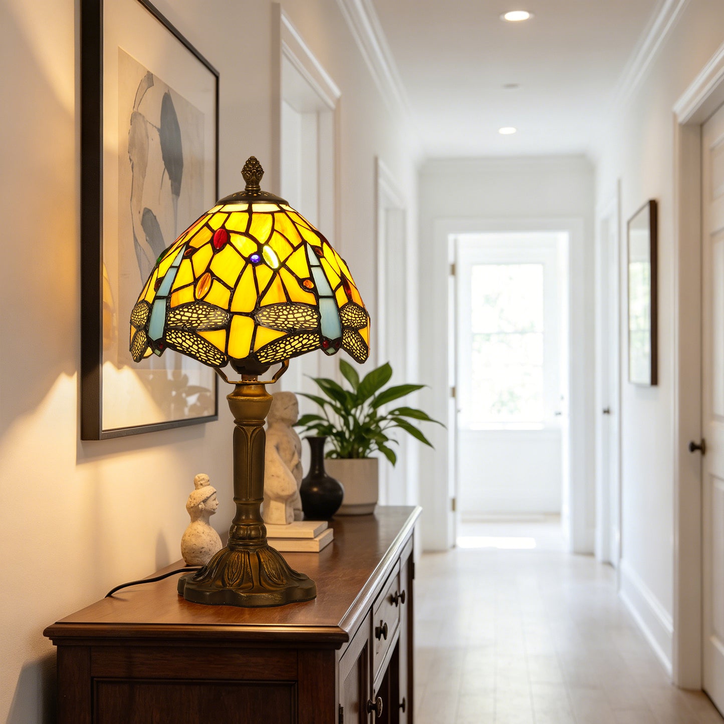 Dragonfly Tiffany Style Stained Glass Table Lamp | Yellow Vintage Bronze Base Desk Lamp with E26 Base
