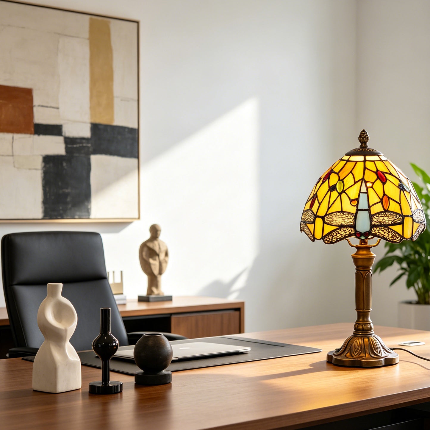Dragonfly Tiffany Style Stained Glass Table Lamp | Yellow Vintage Bronze Base Desk Lamp with E26 Base