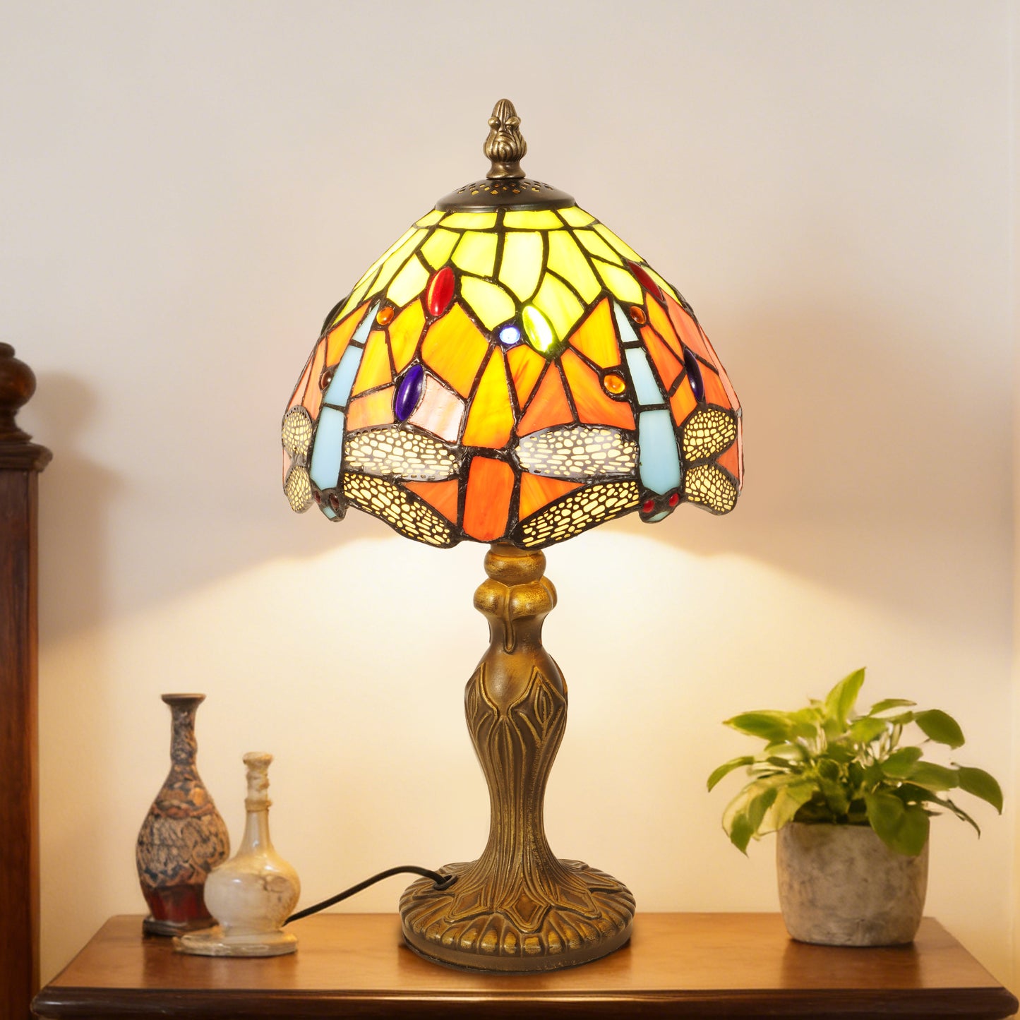 Vintage Tiffany Style Dragonfly Stained Glass Table Lamp - Orange and Green Bedside Lamp with Bronze Base