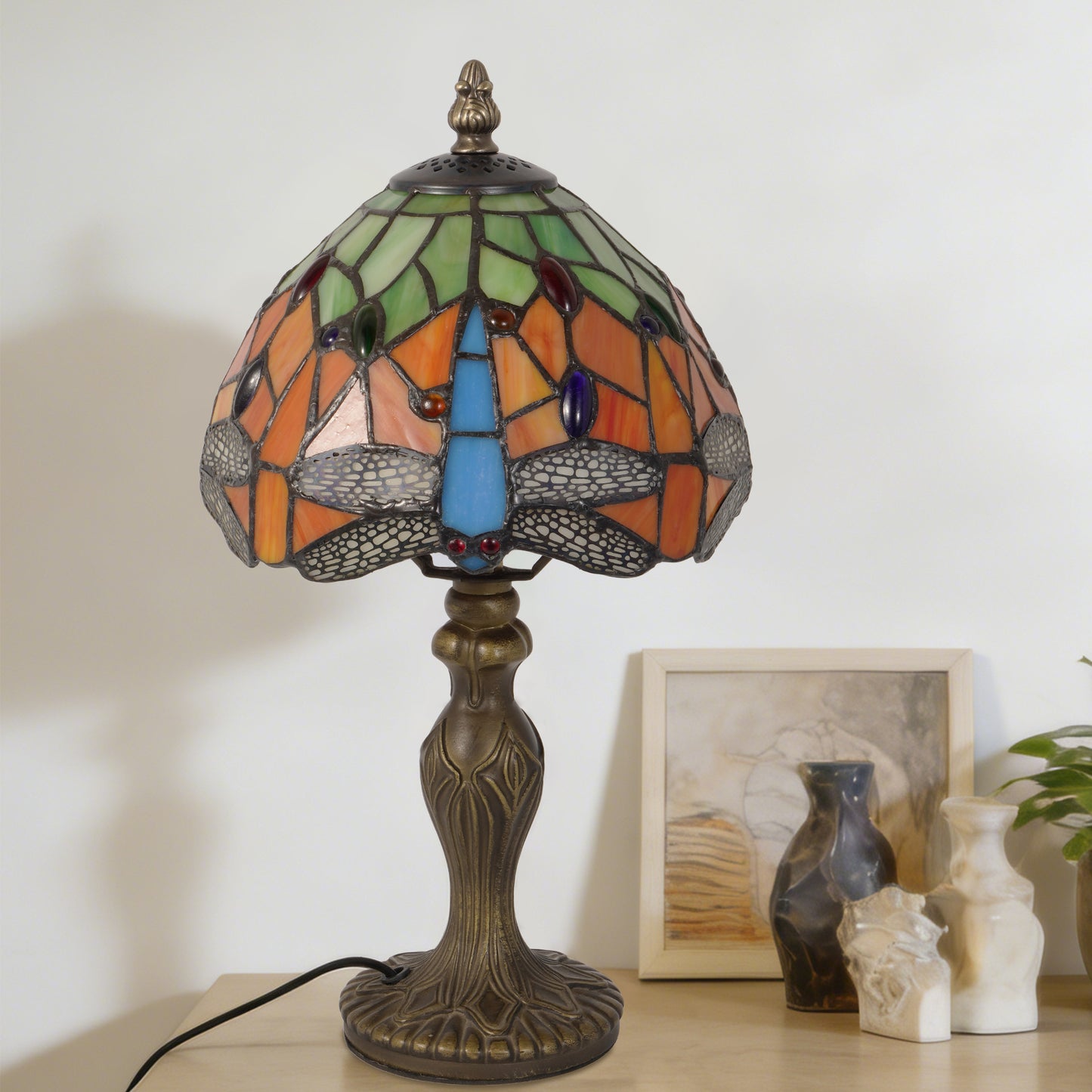 Vintage Tiffany Style Dragonfly Stained Glass Table Lamp - Orange and Green Bedside Lamp with Bronze Base