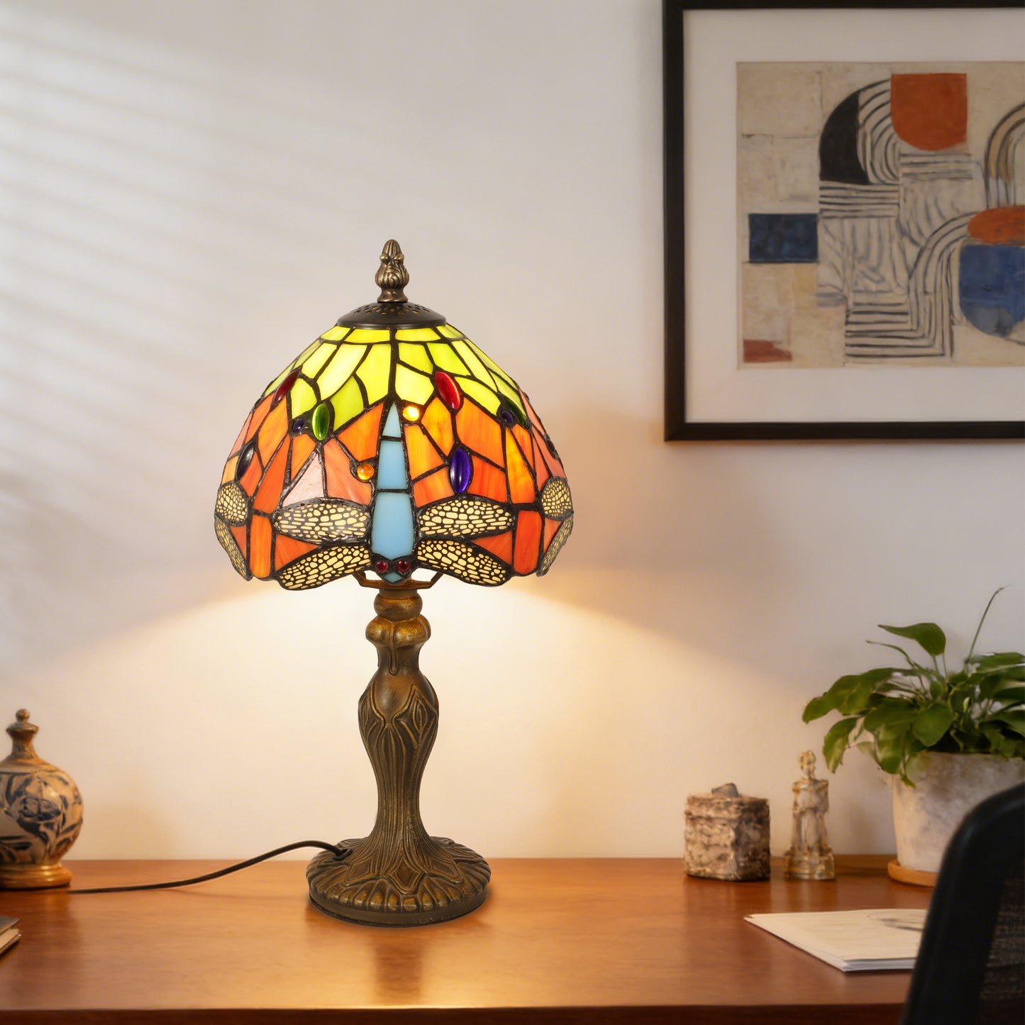Vintage Tiffany Style Dragonfly Stained Glass Table Lamp - Orange and Green Bedside Lamp with Bronze Base