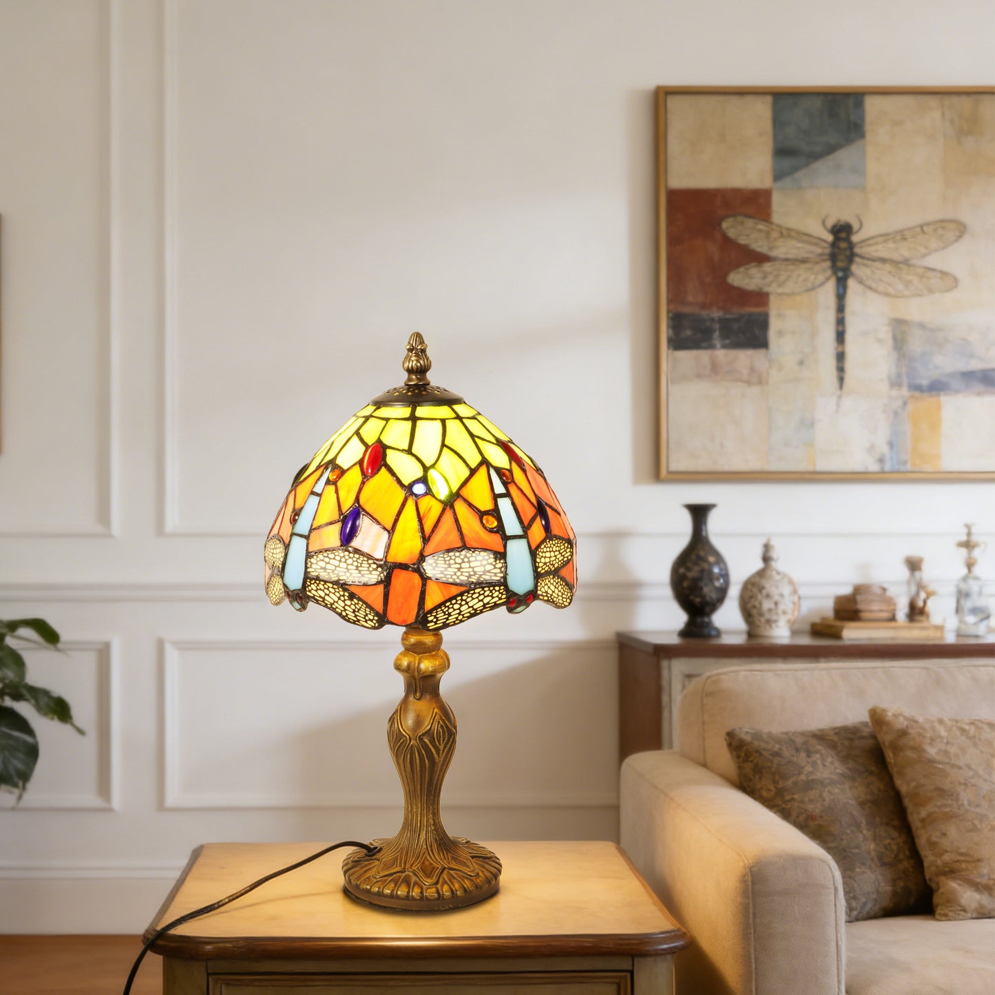 Vintage Tiffany Style Dragonfly Stained Glass Table Lamp - Orange and Green Bedside Lamp with Bronze Base