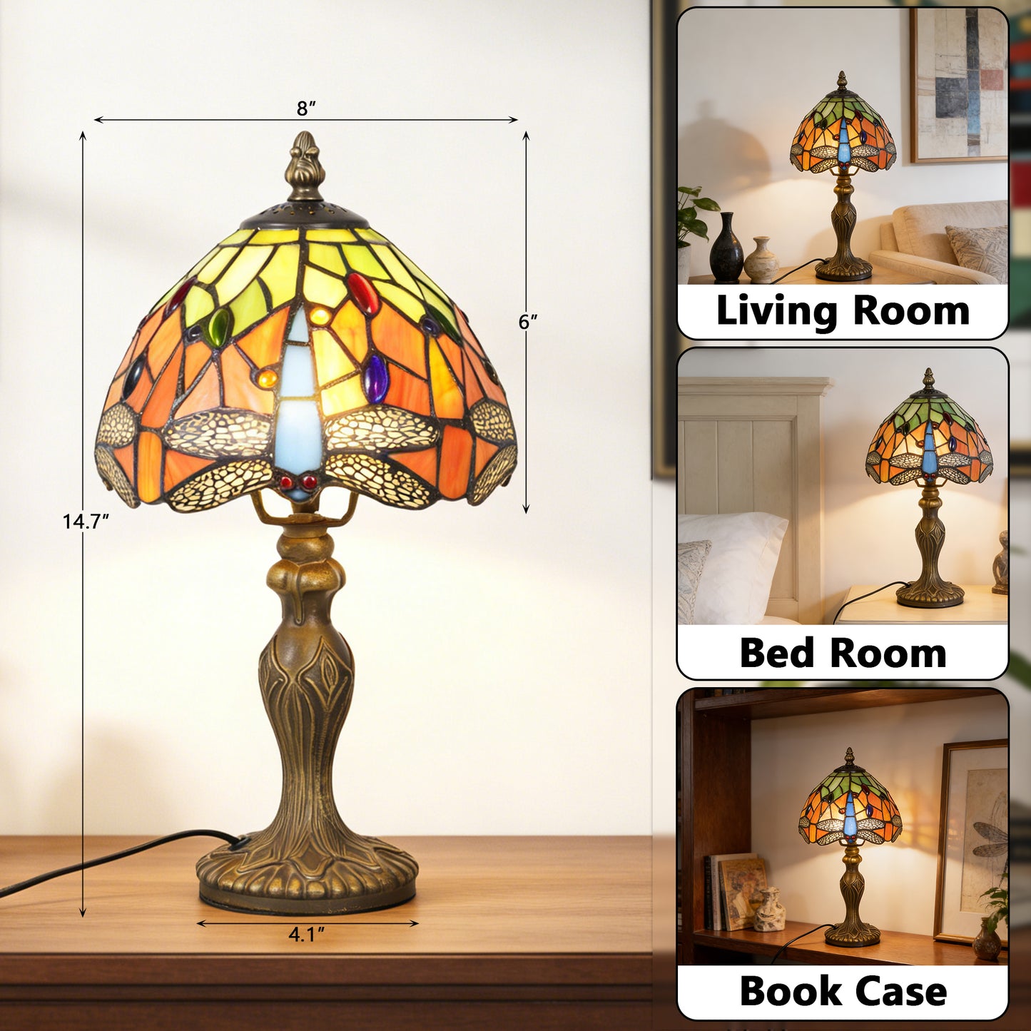 Vintage Tiffany Style Dragonfly Stained Glass Table Lamp - Orange and Green Bedside Lamp with Bronze Base