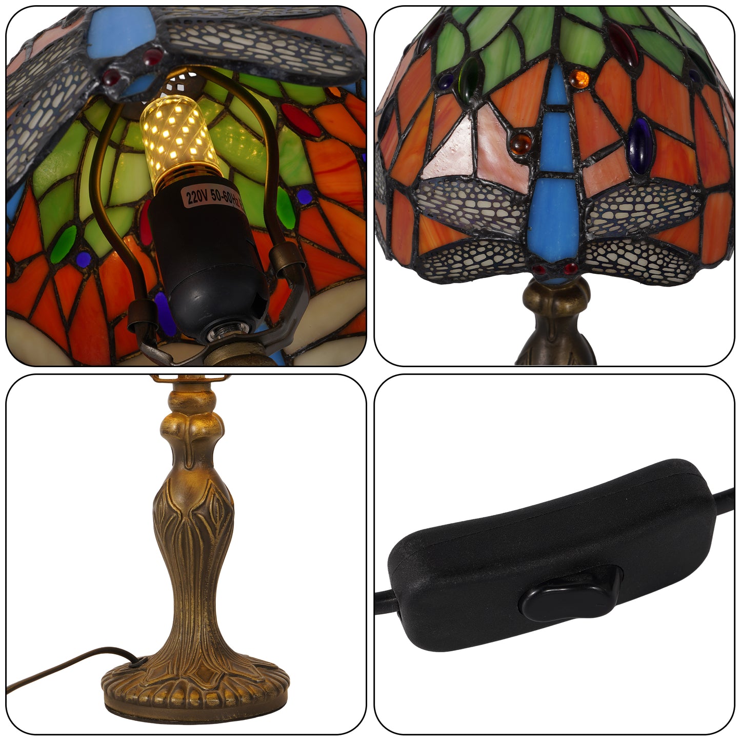 Vintage Tiffany Style Dragonfly Stained Glass Table Lamp - Orange and Green Bedside Lamp with Bronze Base