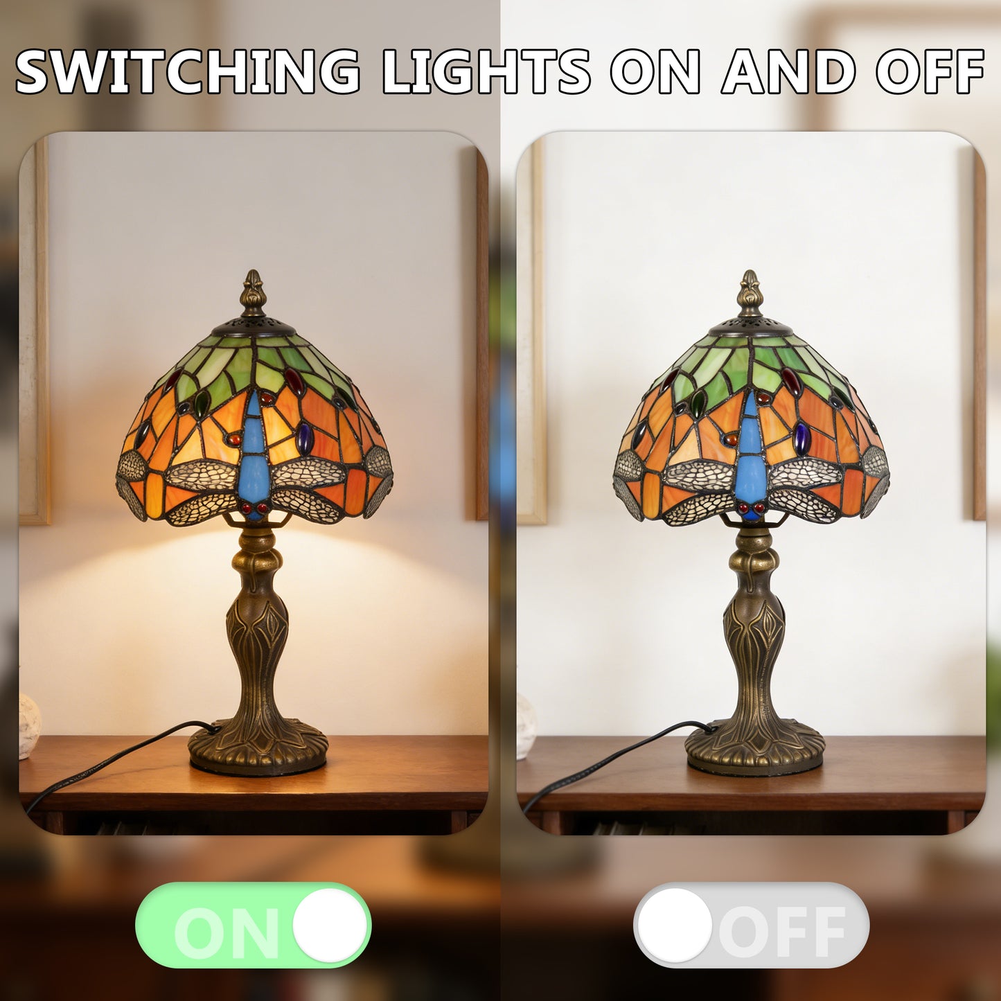 Vintage Tiffany Style Dragonfly Stained Glass Table Lamp - Orange and Green Bedside Lamp with Bronze Base