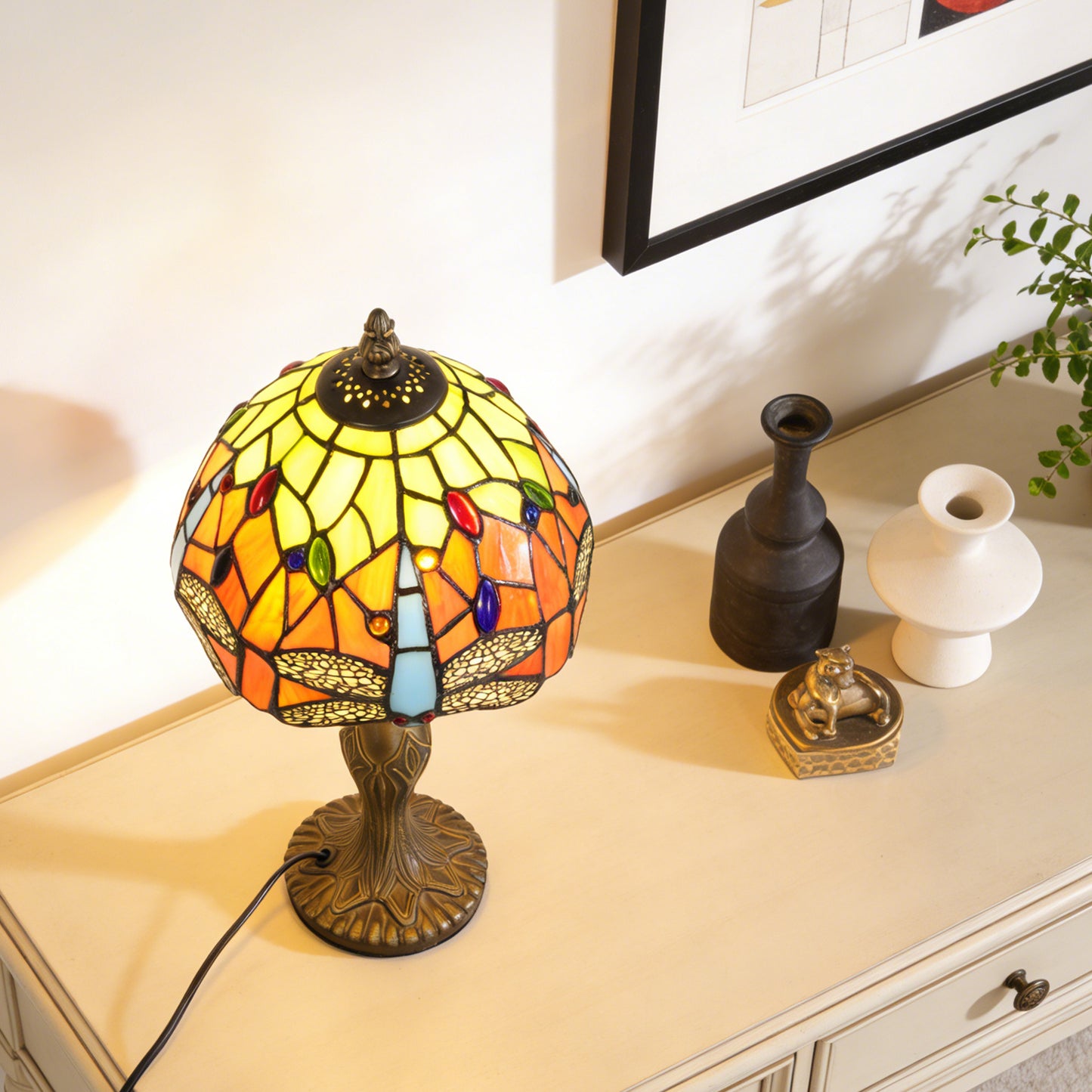 Vintage Tiffany Style Dragonfly Stained Glass Table Lamp - Orange and Green Bedside Lamp with Bronze Base