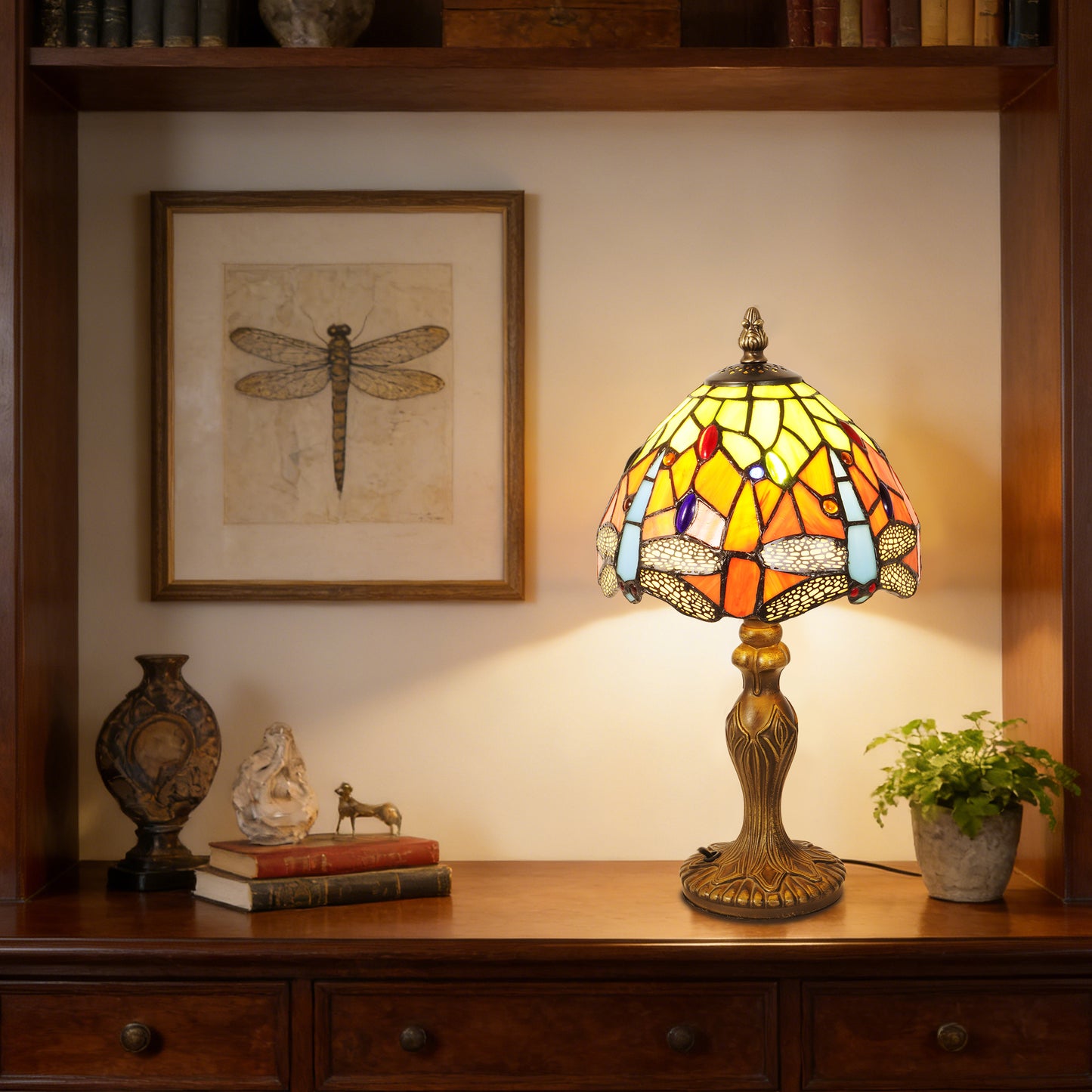 Vintage Tiffany Style Dragonfly Stained Glass Table Lamp - Orange and Green Bedside Lamp with Bronze Base