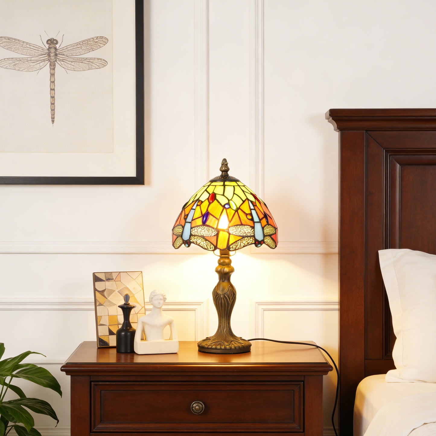 Vintage Tiffany Style Dragonfly Stained Glass Table Lamp - Orange and Green Bedside Lamp with Bronze Base