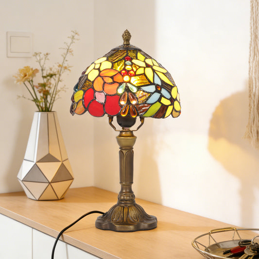 Vintage Tiffany Style Floral Stained Glass Table Lamp - Multicolor Art Glass Bedside Lamp with Bronze Base