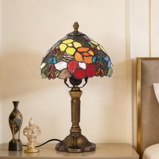 Vintage Tiffany Style Floral Stained Glass Table Lamp - Multicolor Art Glass Bedside Lamp with Bronze Base