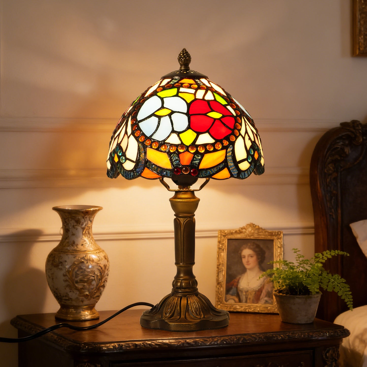 Vintage Stained Glass Floral Table Lamp - Tiffany Style Bedside Accent Lamp