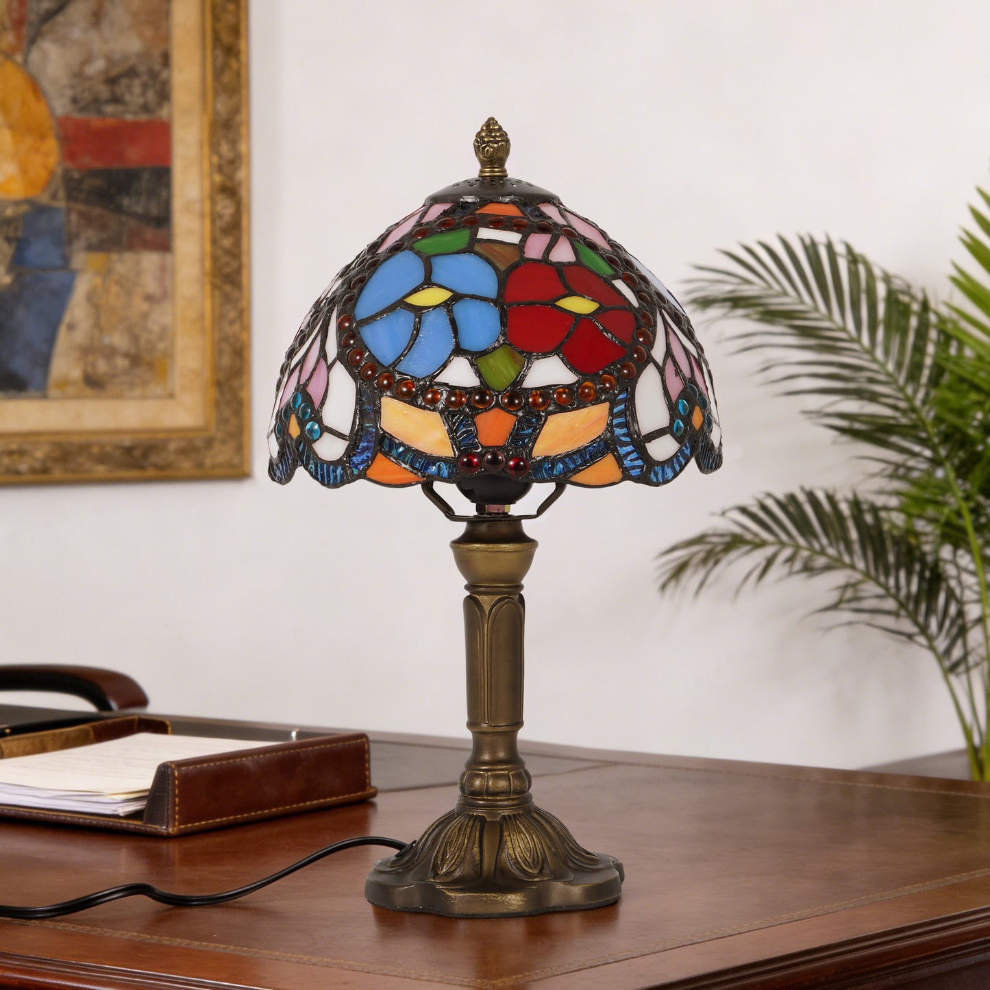 Vintage Stained Glass Floral Table Lamp - Tiffany Style Bedside Accent Lamp