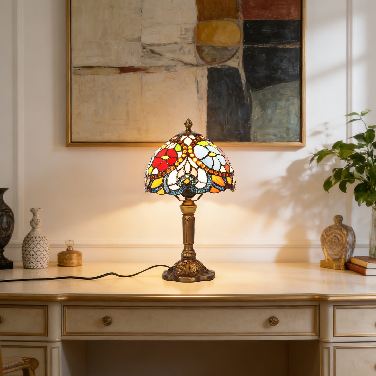 Vintage Stained Glass Floral Table Lamp - Tiffany Style Bedside Accent Lamp