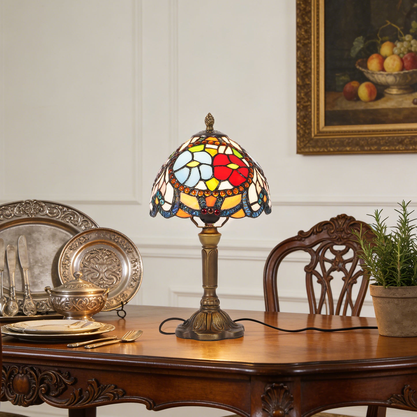 Vintage Stained Glass Floral Table Lamp - Tiffany Style Bedside Accent Lamp
