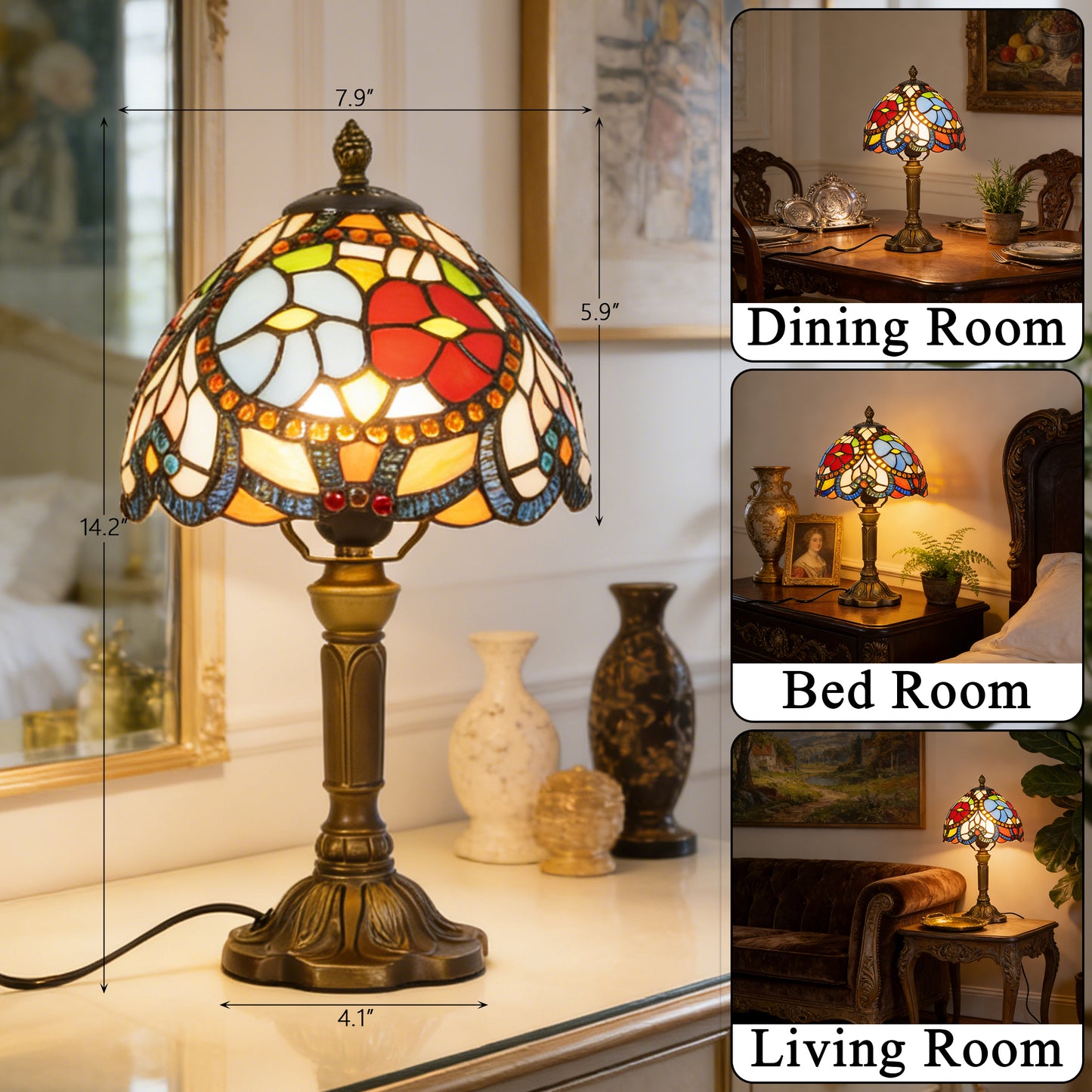 Vintage Stained Glass Floral Table Lamp - Tiffany Style Bedside Accent Lamp