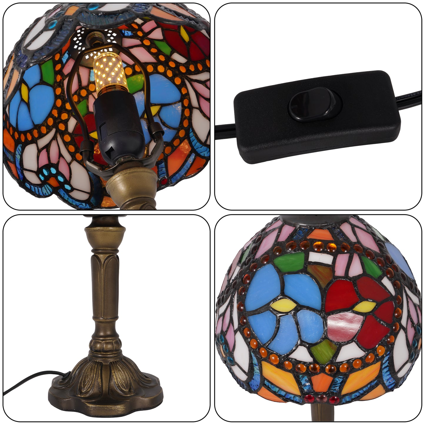 Vintage Stained Glass Floral Table Lamp - Tiffany Style Bedside Accent Lamp