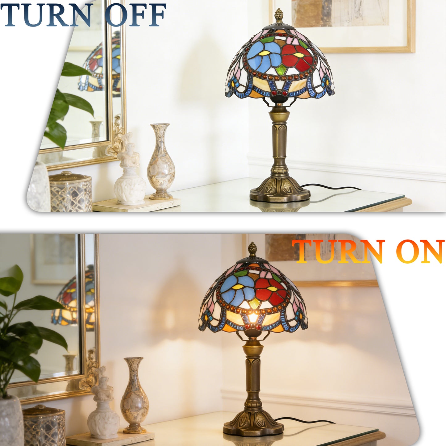 Vintage Stained Glass Floral Table Lamp - Tiffany Style Bedside Accent Lamp
