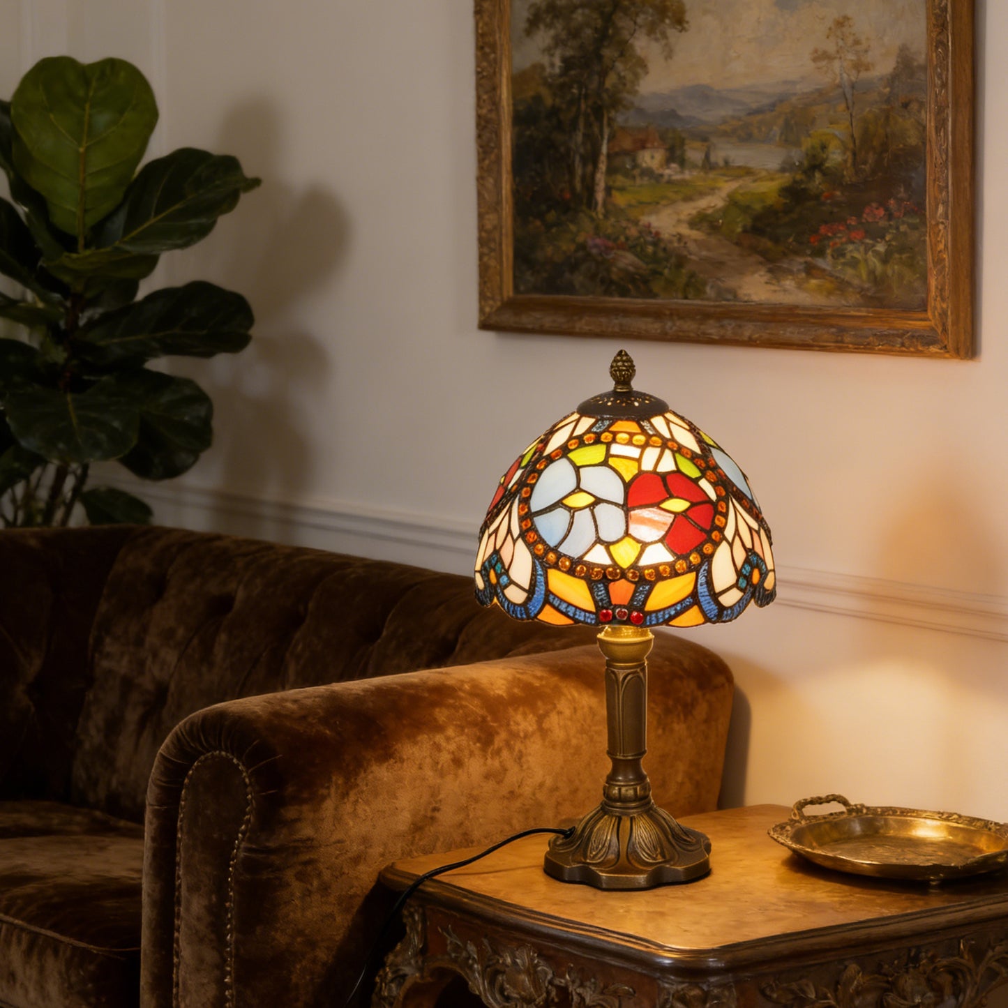 Vintage Stained Glass Floral Table Lamp - Tiffany Style Bedside Accent Lamp