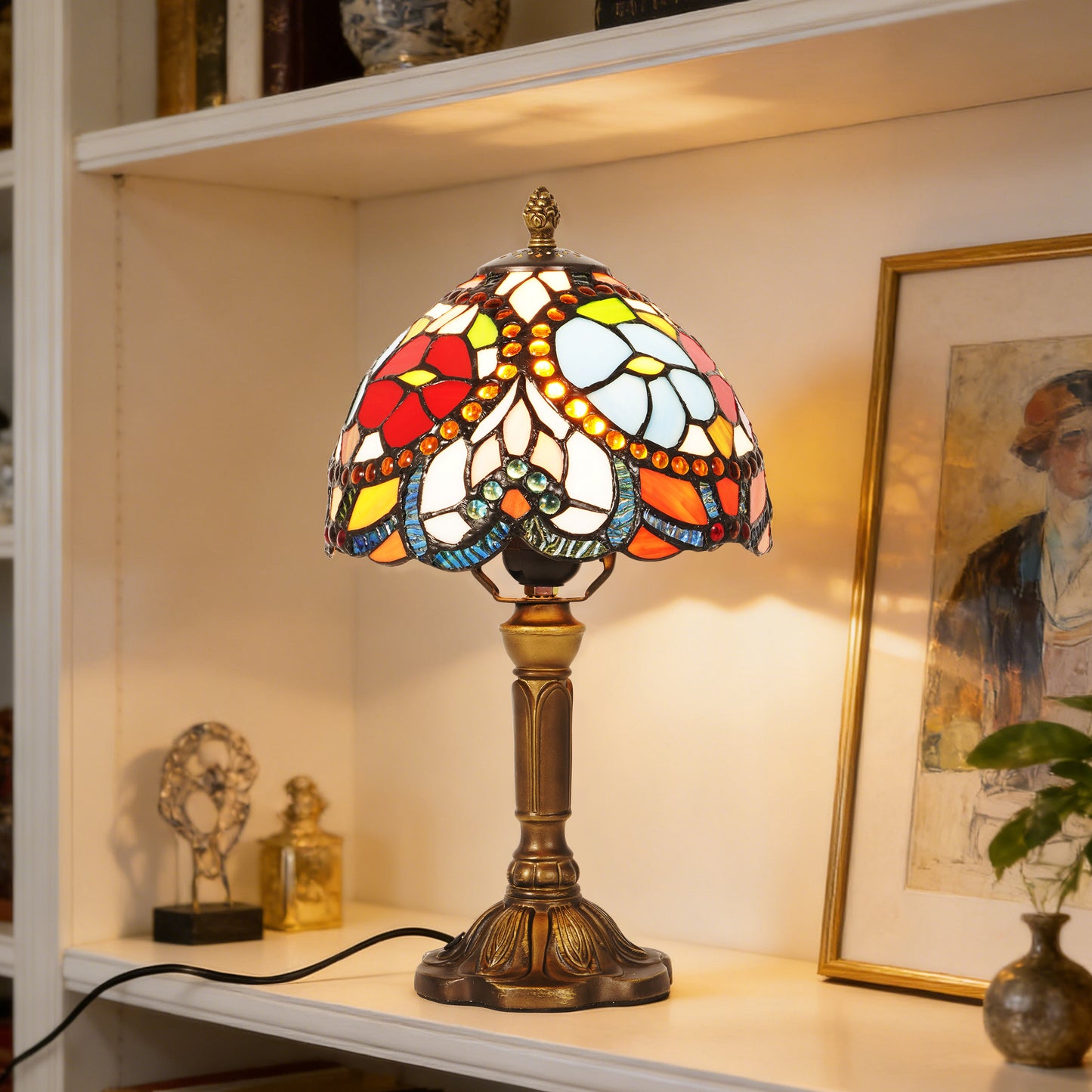 Vintage Stained Glass Floral Table Lamp - Tiffany Style Bedside Accent Lamp