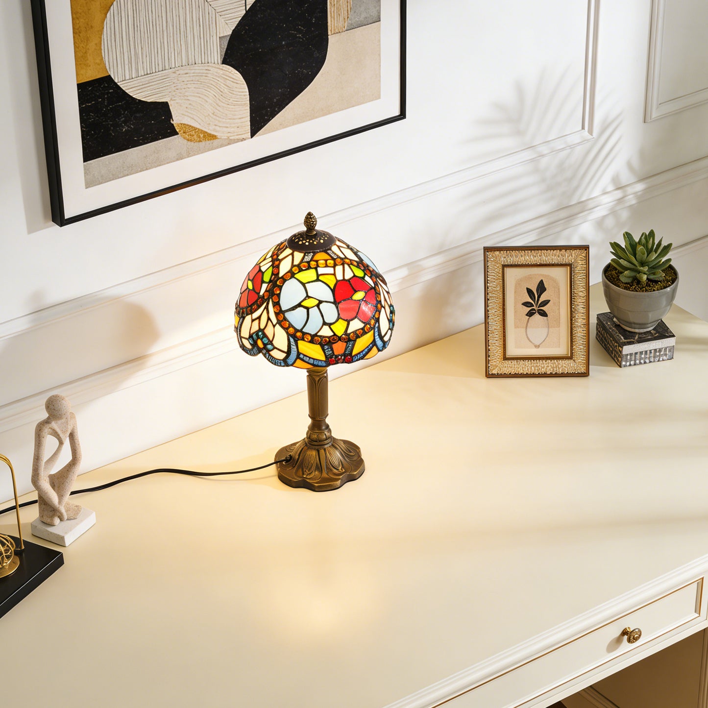Vintage Stained Glass Floral Table Lamp - Tiffany Style Bedside Accent Lamp