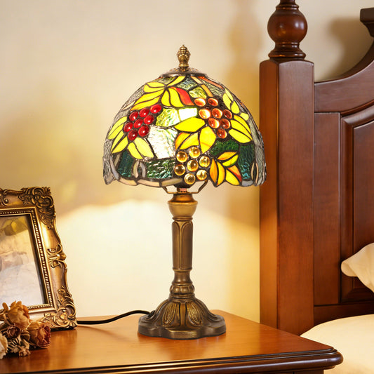 Vintage Tiffany Style Grape Stained Glass Table Lamp - Art Glass Bedside Lamp with Bronze Base